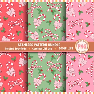 May include: A seamless pattern bundle featuring candy canes, bows, and holly leaves in red, green, and pink. The design includes a transparent background option. The text reads "SEAMLESS PATTERN BUNDLE" with details about instant download and commercial use.