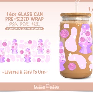 May include: A clear glass can with a wooden lid and a straw, featuring a retro lava lamp design in shades of pink and purple. The can is filled with a light brown liquid. Text on the image reads "16oz GLASS CAN PRE-SIZED WRAP SVG. PNG. DXF. COMMERCIAL LICENSE INCLUDED".