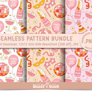 May include: A set of three seamless patterns featuring pink, white, and gold illustrations of party hats, champagne bottles, disco balls, and glasses of champagne. The patterns are perfect for creating festive backgrounds for invitations, cards, and other projects.