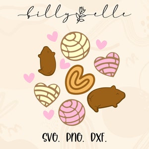 Peut inclure: Une illustration numérique d'un cercle de différentes pâtisseries, dont une concha, une pan dulce et une pâtisserie en forme de cœur. Les pâtisseries sont entourées de cœurs roses. Le texte "SVG. PNG. DXF." est en bas de l'image.