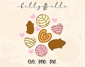 Może przedstawiać: Cyfrowa ilustracja przedstawiająca okrąg z różnymi wypiekami, w tym concha, pan dulce i ciastko w kształcie serca. Wypieki są otoczone różowymi sercami. Tekst "SVG. PNG. DXF." znajduje się na dole obrazu.