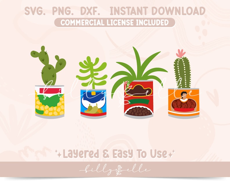 Puede incluir: Cuatro plantas en maceta diferentes en latas coloridas. Las plantas son un cactus, una suculenta, una planta verde con hojas largas y un cactus con una flor rosa. Las latas est&aacute;n decoradas con im&aacute;genes de alimentos, como ma&iacute;z, frijoles y chiles. El texto "Layered & Easy To Use" est&aacute; en la parte inferior de la imagen.