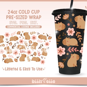Floral Capybara 24oz Tumbler Wrap SVG - Baby Pink Capybara Pattern Digital PNG Cricut Silhouette Files - Floral 24oz Cold Cup SVG