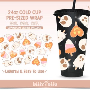 May include: A black 710ml cold cup with a pre-sized wrap featuring Halloween-themed illustrations. The design includes skulls, ghosts, and heart-shaped popsicles in orange, white, and pink. The text on the image says "Layered & Easy To Use".