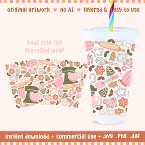 May include: A clear 710ml cold cup with a pre-sized wrap featuring a repeating pattern of baking-themed illustrations in pink, green, and beige. The design includes rolling pins, gingerbread men, and mixers. The cup has a colorful straw.
