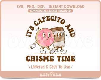 Cafecito and Chisme Time SVG - Pan Dulce Concha Retro Cartoon PNG - Easy Layered Cricut Files - Mexican Conchas Character Mascot
