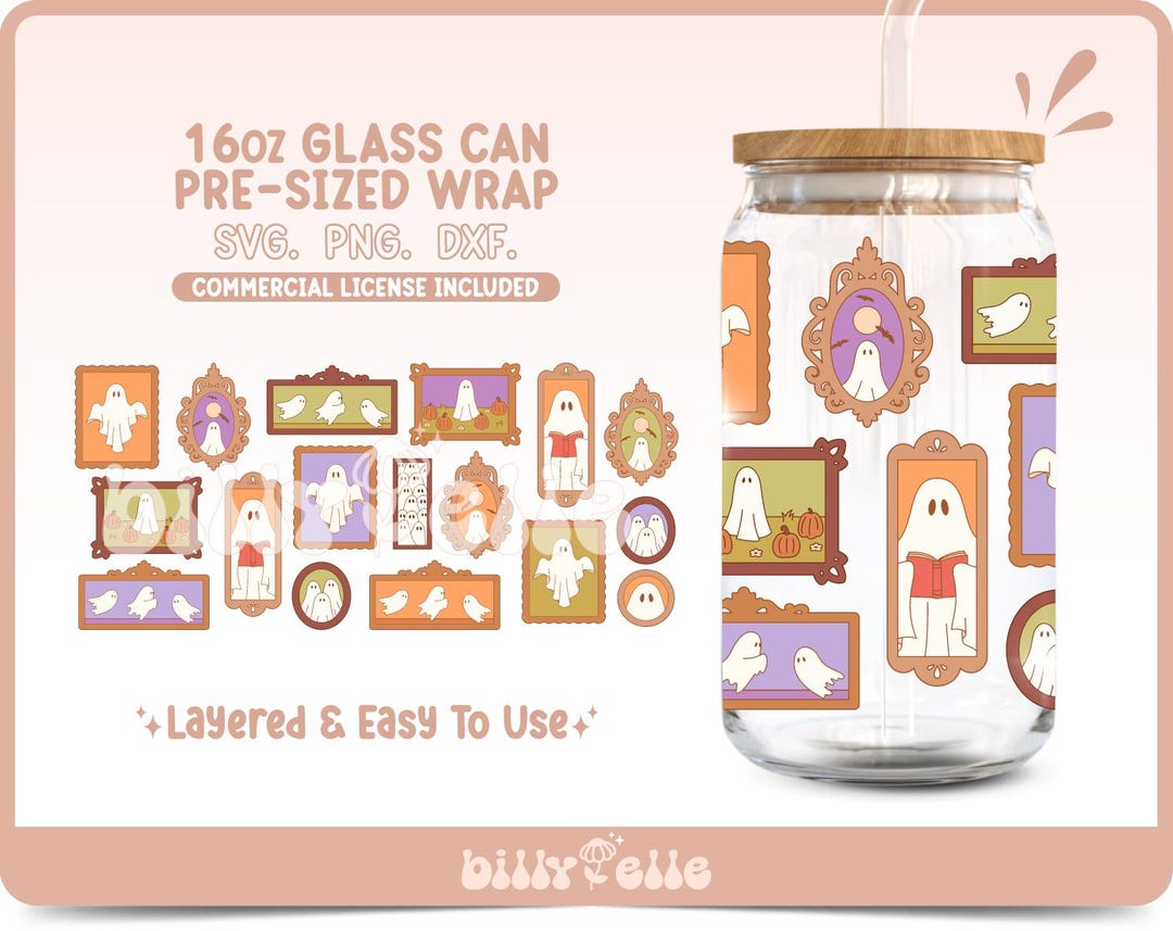 Halloween Ghosts Gallery Frames 16oz Libbey Glass Can Wrap SVG - Cute ...