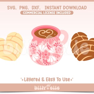 May include: A digital illustration of a pink and white heart-shaped mug with brown chocolate inside, a light yellow heart-shaped pastry, and a brown heart-shaped pastry. The mug has a floral design. The text "Layered & Easy To Use" is below the image. The text "billyPelle" is below the text.