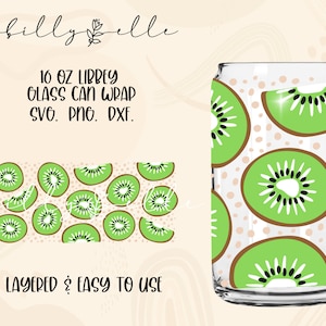 May include: A digital design for a 16 ounce glass can wrap featuring a pattern of green kiwi slices on a white background with brown polka dots. The design is layered and easy to use.  16 OZ LIBBEY GLASS CAN WRAP SVG. PNG. DXF.