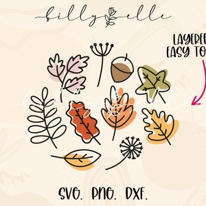 May include: A set of layered autumn leaf SVG cut files, perfect for crafting projects. The design features a variety of leaves in different colors and shapes, including red, orange, yellow, and green. The text "Layered & Easy to Use" is included in the image.