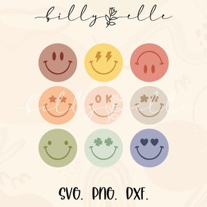 Puede incluir: Nueve iconos de caritas sonrientes de colores con diferentes diseños, incluyendo estrellas, rayos, corazones y flores. Los iconos están dispuestos en una cuadrícula de 3x3 sobre un fondo beige claro.