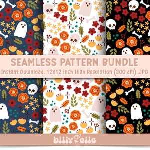 Puede incluir: Un conjunto de tres patrones digitales sin costuras con temática de Halloween. Los patrones incluyen fantasmas, calaveras, huesos, flores y hojas en una variedad de colores, incluyendo naranja, rojo, amarillo, azul y negro. Los patrones son de 12x12 pulgadas y 300 dpi.