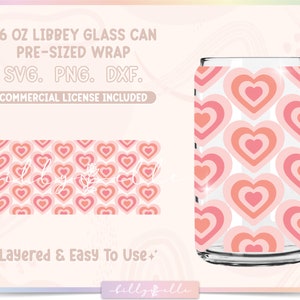 Retro Hearts Libbey Glass Can Wrap - Love Retro Digital Download SVG Files For Cricut - Aesthetic Wrap Template - 16oz Libbey Can Template