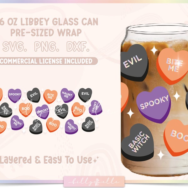 Halloween Candy Hearts 16oz Glass Can Wrap - SVG Digital Download SVG Cricut - Silhouette - Basic Witch - Spooky Beer Glass Can Template