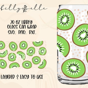 May include: A 20 ounce glass can wrap design featuring a pattern of green kiwi slices on a white background with brown polka dots. The design is layered and easy to use. "20 OZ LIBBEY GLASS CAN WRAP SVG. PNG. DXF. LAYERED & EASY TO USE" is written in black text on a beige background.