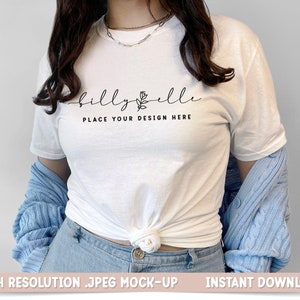女性用ホワイト T シャツ モックアップ - デジタルダウンロード ラウンドネック ユニセックス T シャツ モックアップ - 美しいカーディガン モックアップ - 女性用 T シャツ JPEG テンプレート