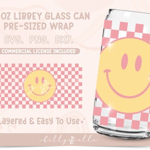 Smile Checkered Libbey Glass Can Wrap - Happy Face - Digital Download SVG Files For Cricut - Retro Wrap Template - 20oz Libbey Can Template
