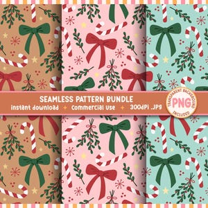 May include: A seamless pattern bundle featuring six designs with Christmas-themed elements. The patterns include candy canes, bows, mistletoe, and stars in various color schemes, including brown, pink, and teal. The text reads "SEAMLESS PATTERN BUNDLE".