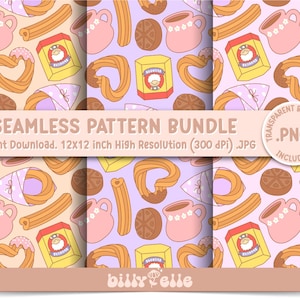 May include: A seamless pattern bundle featuring a cute cartoon illustration of churros, hot chocolate, and other sweet treats. The pattern is available in both JPG and PNG formats. The pattern is 12 inches by 12 inches and has a high resolution of 300 dpi.