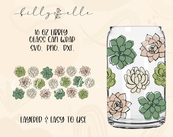 Succulent Pattern Libbey Glass Can Wrap - Boho Leaves - Digital Download SVG Files For Cricut - Boho Cactus Wrap Template - 16oz Template