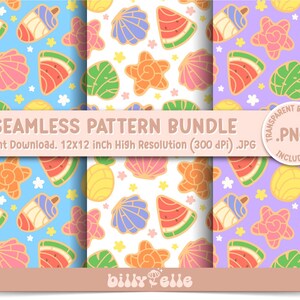 May include: A collection of seamless patterns featuring summer-themed illustrations. The designs include watermelon slices, seashells, ice cream pops, and starfish in various colors. The text "SEAMLESS PATTERN BUNDLE" is displayed.