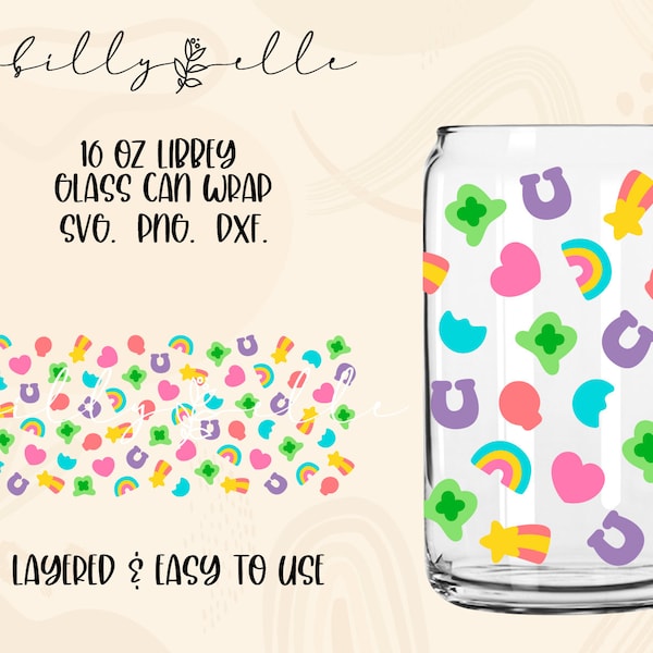 Lucky Charms 16oz Libbey Glass Can Wrap - Motif coloré - St. Patrick’s Day Digital Download SVG Files For Cricut - Cereal Wrap Template