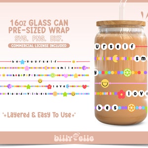 Pulseras de la amistad 16oz Glass Can Wrap SVG - Etiqueta de las pulseras - Descarga digital PNG - Pulseras de la amistad de los amantes coloridos