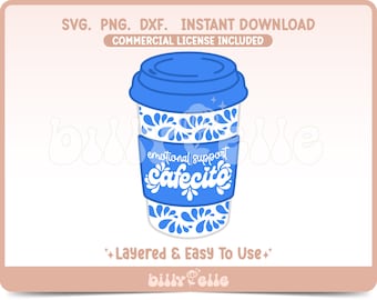 Pode incluir: Uma caneca de café azul e branca com o texto "emotional support cafecito". A caneca tem um padrão tradicional mexicano de Talavera.
