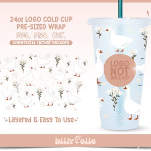 May include: A digital design for a 24 ounce cold cup wrap featuring a pattern of white geese and white flowers on a light blue background. The text "LOGO NOT INCLUDED" is in a circle on the cup. The text "Layered & Easy To Use" is below the cup. The text "24oz LOGO COLD CUP PRE-SIZED WRAP SVG. PNG. DXF. COMMERCIAL LICENSE INCLUDED" is at the top of the image.