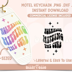 Puede incluir: Un llavero de motel blanco con un diseño de arcoíris que dice "Normalizar el golpeo de la acera". El diseño está en un estilo de fuente retro. El llavero está predimensionado y viene con una licencia comercial.