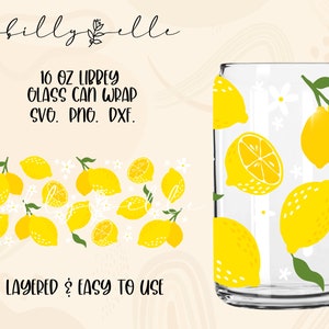Lemons Pattern Libbey Glass Can Wrap - Fruits - Téléchargement numérique SVG Fichiers pour Cricut - Lemon Floral Wrap Template - 16oz Libbey Template
