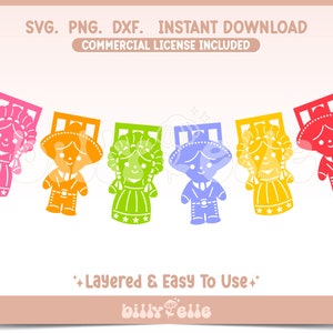 Puede incluir: Un conjunto de seis recortes de muñecas de papel superpuestos en colores arcoíris. Las muñecas están vestidas con ropa tradicional mexicana y tienen un estilo festivo y caprichoso. Las muñecas son perfectas para manualidades, decoración o para crear recuerdos de fiesta.