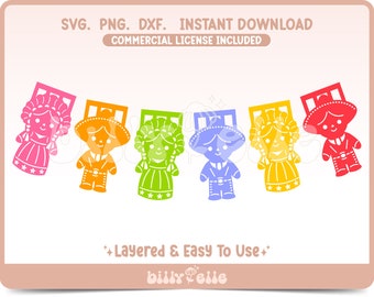 May include: A set of six layered paper doll cutouts in rainbow colors. The dolls are dressed in traditional Mexican clothing and have a festive, whimsical style. The dolls are perfect for crafting, decorating, or creating party favors.