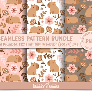 Niedlicher Capybara-nahtlose Musterbündel - Capybara-Muster - Hochauflösende JPG - Girly Pink-Blumen-Capybara-Wiederholungsmuster