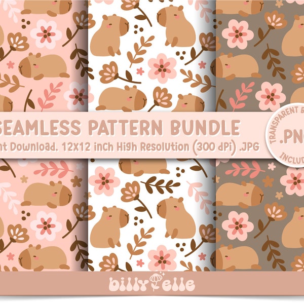 Cute Floral Capybara seamless pattern bundle - Capybara Pattern - High Resolution JPG - Girly Pink flowers capybara repeating pattern