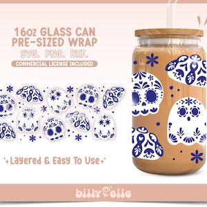 Dia de Muertos Talavera 16oz Libbey Glass Can Wrap - Arte Mexicano - Descarga Digital Archivos SVG para Cricut - Pan de Muerto talavera
