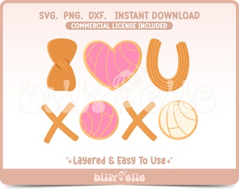 Valentines day Conchas Pan Dulce SVG - Love XoXo Stickers PNG - Layered Cricut Files - Download Easy SVG - Churros Mexican pan dulce Svg