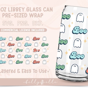 Boo Retro Ghost 20oz Libbey Glass Can Wrap - Spooky SVG Digital Download SVG Cricut - Silhouette - Halloween Pattern Beer Glass Can Template