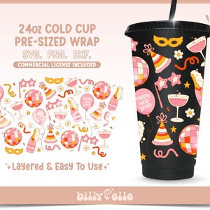 Envoltorio para vaso de 24 oz con diseño de Año Nuevo femenino SVG - Archivos digitales PNG de Cricut Silhouette - Nochevieja estética - Champán - Bola de discoteca retro