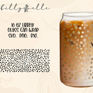 May include: A 16 oz Libbey glass can wrap with a gold polka dot pattern. The design is for a 16 oz glass can. The design is available in SVG, PNG, and DXF formats.
