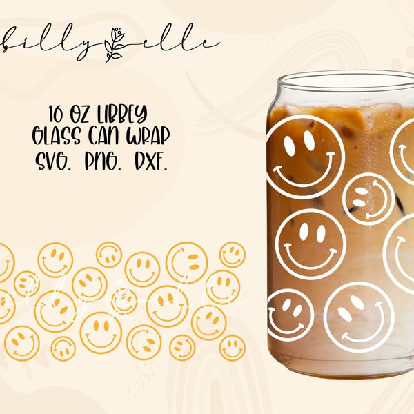 Smile Libbey Glass Can Wrap - Happy Face - Digital Download SVG Files For Cricut - Smile Face Wrap Template - 16oz Libbey Can Template