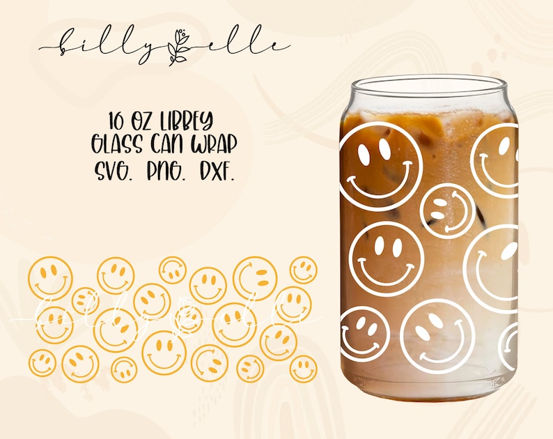 Smile Libbey Glass Can Wrap - Happy Face - Digital Download SVG Files For Cricut - Smile Face Wrap Template - 16oz Libbey Can Template 