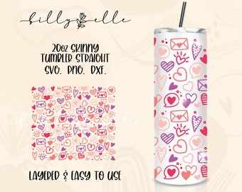 May include: A white 20 ounce skinny tumbler with a layered design of pink, red, and purple hearts, envelopes, and speech bubbles. The tumbler is straight and has a lid and straw. The text "LAYERED & EASY TO USE" is at the bottom of the image.