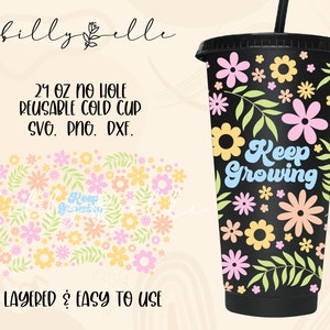 Keep Growing 24oz Tumbler Wrap - Flower Pattern Digital Download SVG Cricut - Silhouette - Groovy Floral SVG Pattern - Boho Daisies SVG