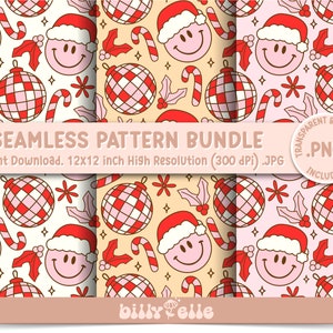 May include: A set of three seamless Christmas patterns featuring red and white candy canes, holly leaves, baubles, and smiling faces wearing Santa hats. The patterns are on a white, pink, and yellow background.