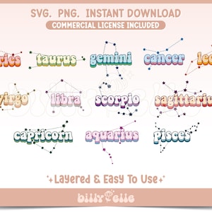 Groovy Zodiac Bundle Constellation SVG - signe du zodiaque rétro PNG - Sticker Silhouette - fichier esthétique zodiaque Stickers pour Cricut SVG