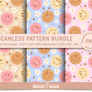 May include: A set of three digital seamless patterns featuring a smiling pastry with a swirl design. The patterns are in pink, blue, and beige with white flowers and stars. The text "SEAMLESS PATTERN BUNDLE" is at the top of the image. The text "Instant Download. 12x12 inch High Resolution (300 dpi) JPG" is below the title. The text ".PNG INCLUDED" is in a circle at the bottom right corner of the image.