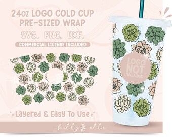 May include: A pre-sized wrap for a 24 ounce cold cup featuring a succulent pattern in shades of green and beige. The wrap is layered and easy to use. The text "LOGO NOT INCLUDED" is visible on the wrap.
