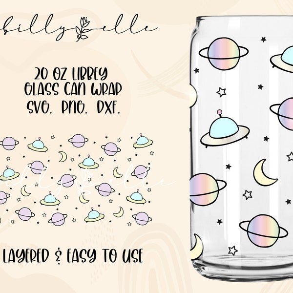 Space Planet Libbey Glass Wrap - Galaxy Ovni - Digital Download SVG Files For Cricut - Holographic Moon Wrap - 20oz Libbey Can Template