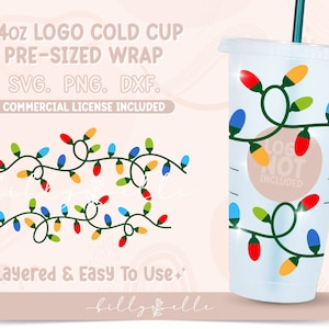 May include: A pre-sized wrap for a 24-ounce cold cup featuring a design of colorful Christmas lights. The wrap is layered and easy to use. The text "LOG NOT INCLUDED" is visible on the cup.